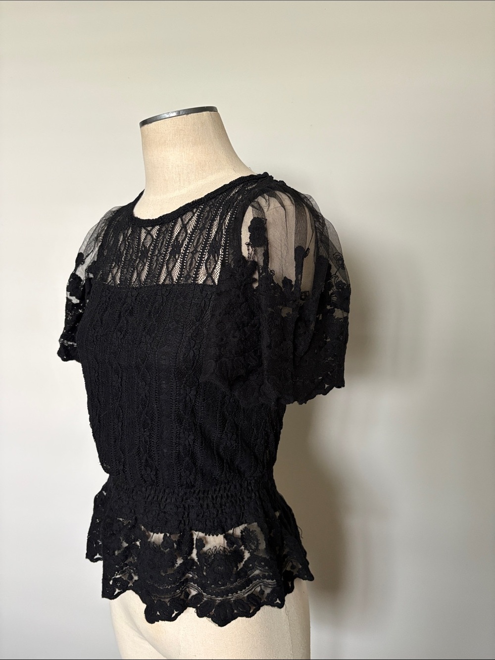 Women's Black Lace Short Sleeve Top with Sheer Back and Sleeves - Picture 5 of 10